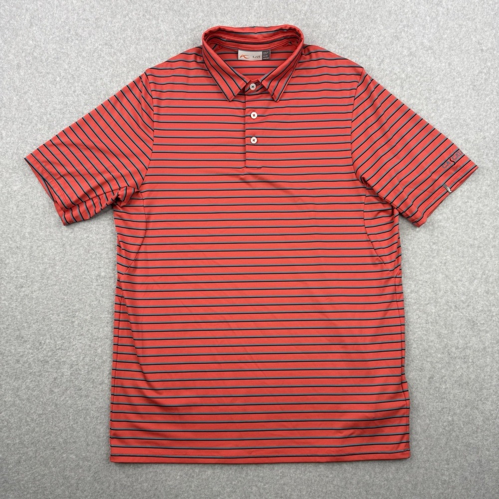 Kjus Shirt Mens Medium Salmon‎ Red Striped Performance UPF 50 Polo Stretch Golf